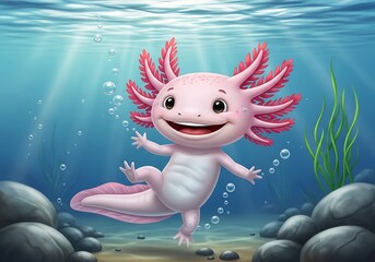 Cute pink axolotl swimming happily underwater with bubbles and rocks