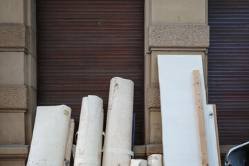 A pile of bulky waste, known as Sperrmüll in Germany, sits on a city sidewalk in Berlin awaiting...