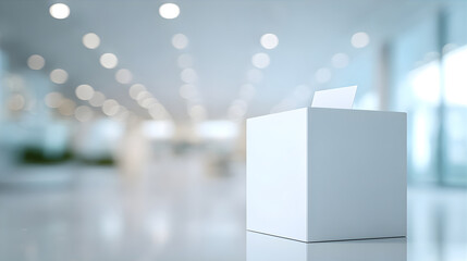 White ballot box with paper for election, corporate feedback, or donation concept. Abstract blurred background.