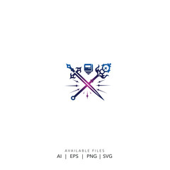 Gaming clan logo with crossed sword and magical staff, Modern fantasy brand identity with shield and crossed weapons