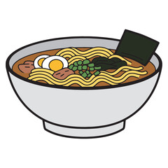 A delicious bowl of Japanese ramen noodles with broth, egg, meat, and seaweed, presented in a clean, minimalist illustration