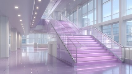 Obraz premium Illuminated Neon Purple Staircase in Modern White Building with Large Windows and Cityscape View Under Bright Cinematic Lighting