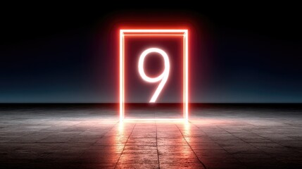 Illuminated Number Nine in a Glowing Red Rectangular Frame on a Dark Textured Surface