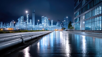 Fototapeta premium Illuminated Oil Refinery at Night with Blue Tint Reflection in Foreground