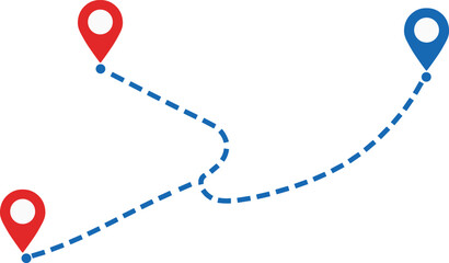 Route map icon, travel path, location markers, navigation graphic, journey, logistics, blue dashed line, red pin, destination, start point, curved route, isolated, transparent, vector, planning