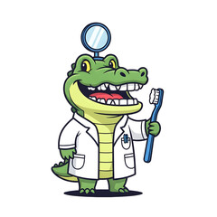 A cartoon alligator dressed as a dentist, wearing a lab coat and a dental mirror on its head, holding a toothbrush with toothpaste.