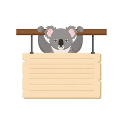 A cute cartoon koala hanging from a wooden beam above a blank wooden sign for text.