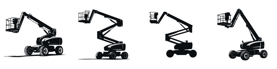 Boom Lift Vector Icons Set – Aerial Work Platform, Construction Lift, Telescopic Lift, Articulating Boom, Industrial Equipment, Heavy Machinery for Building, Repair and Maintenance Projects