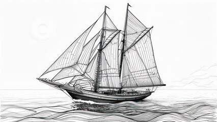Elegant Clipper Ship, Detailed Line Art on Water