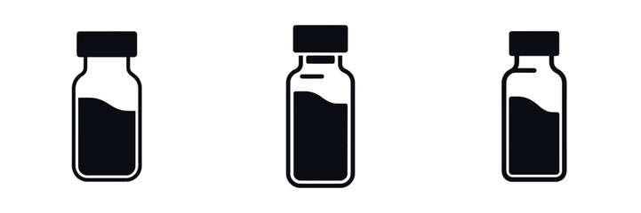Vial Bottle Vector Icons Set – Medicine Ampoule, Vaccine Container, Laboratory Glass Vial, Medical Injection Bottle, Pharmaceutical Packaging and Healthcare Illustration in Silhouette Style