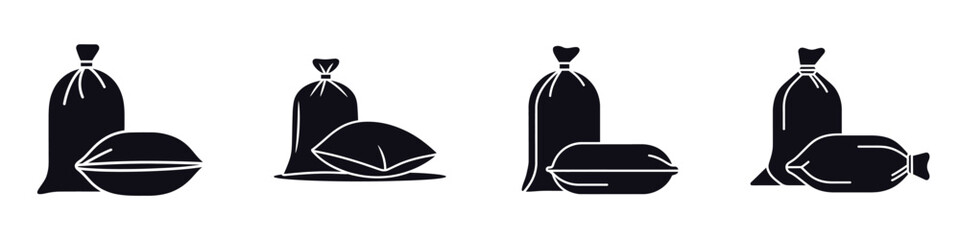 Sack Bag Vector Icons Set – Grain Sack, Rice Bag, Flour Packaging, Agricultural Storage, Food Supply Container, Farming Product Bag and Industrial Packaging Illustration in Silhouette Style