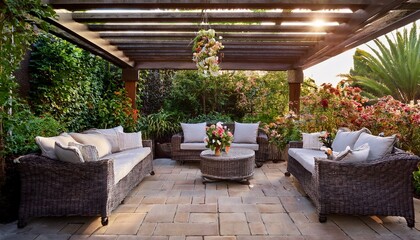 Fototapeta premium serene patio garden oasis featuring lush greenery blooming flowers and elegant stone paving perfect for relaxation and outdoor entertaining foliage decor furniture
