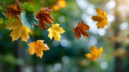 Obraz premium Autumn maple leaves in warm golden colors with blurred green forest background. Seasonal fall nature theme for design and decoration