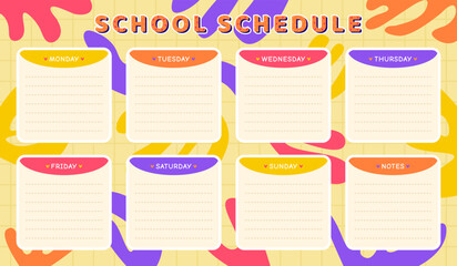 Bright school schedule template, cards for seven days and note space. Timetable for schoolchildren, trendy design in vivid colors, back to school weekly lesson planner with fluid blots