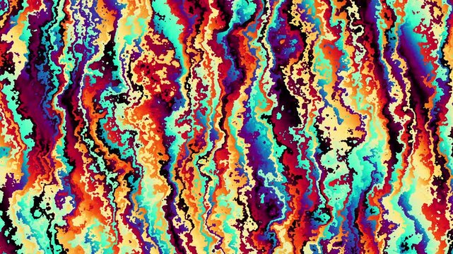 Abstract marbled art, vibrant colors, fluid design. Moving yellow, green, pink zebra pattern loop background. Modern groovy screen saver, creative