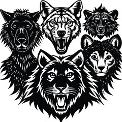 Five fierce wild animal head silhouettes lion tiger wolf vector illustration isolated on white background
