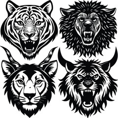 Wild animal head silhouettes vector illustration of fierce lion tiger wolf and cat isolated on white background