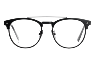 Stylish eyeglasses, crafted from dark metal, feature a minimalist design with round lenses and a sleek, modern aesthetic that sits perfectly on a stark black background.