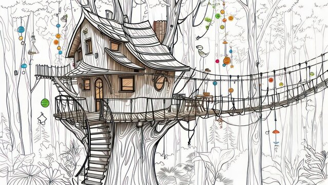 Fototapeta Whimsical Treehouse with Rope Bridge and Hanging Ornaments in a Lush Forest