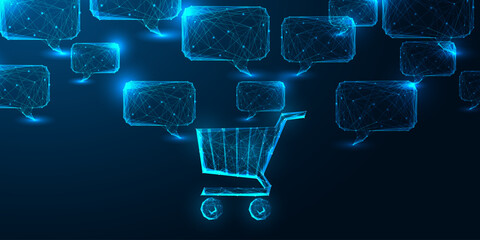 AI shopping and smart commerce communication concept. Glowing digital cart and speech bubble network © Inna
