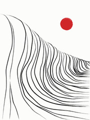 Ink landscape with red sun. Geometric striped mountains. Sumi-e style