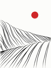 Geometric striped mountains. Sumi-e style. Ink landscape with red sun