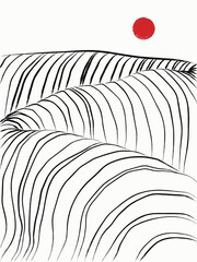 Geometric striped mountains. Sumi-e style. Ink landscape with red sun