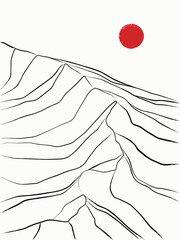 Ink landscape with red sun. Geometric striped mountains. Sumi-e style