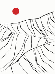 Geometric striped mountains. Sumi-e style. Ink landscape with red sun