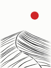 Ink landscape with red sun. Geometric striped mountains. Sumi-e style