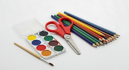 Naklejka premium Art supplies arranged neatly on white surface, showcasing creativity and artistic expression with vibrant colors and sharp scissors, evoking a sense of inspiration.