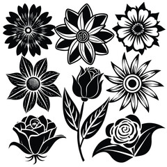 Collection of decorative flower silhouettes for vector art and design projects isolated on white background
