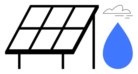 Solar panel absorbing energy flanked by a blue water drop and small cloud. Ideal for renewable energy, sustainability, climate solutions, water conservation, eco-awareness, green technology, clean