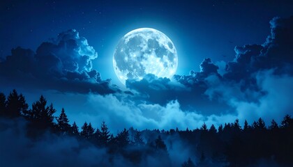 Obraz premium Full moon over a misty forest at night