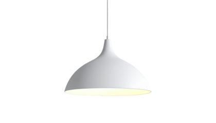 Overhead pendant light fixture illuminated against a stark black background, showcasing the modern design with smooth curves and bright light emanating from the bottom, offering a minimalist...