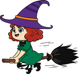 Cute Little Witch Flying Broomstick Vector