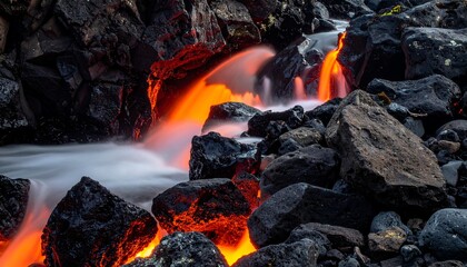 Molten lava flowing over volcanic rocks