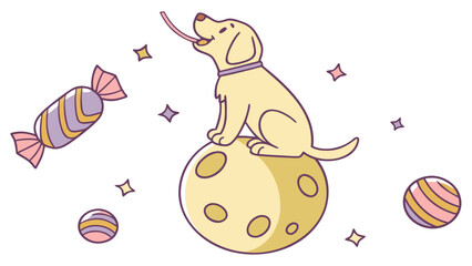 Whimsical Golden Retriever feeling Excited in a Birthday setting with sitting on a moon – colored in Candy Shop