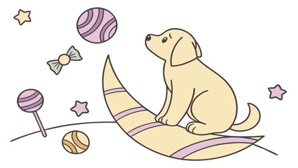 Creative SVG: Content Golden Retriever with sitting on a moon in a Candy Shop colored Birthday theme