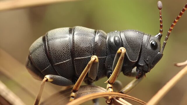 Extreme close-up of a large, black, wingless Tenebrionid beetle displaying its heavily segmented body and long antennae