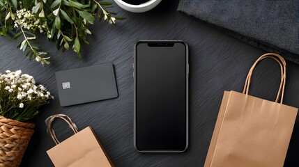 Minimalist flat lay with smartphone, shopping bags, flowers, and credit card, symbolizing Black Friday ecommerce promotions and Cyber Monday online sales