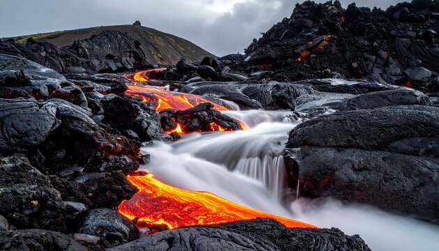 Molten river flowing over volcanic rocks - Powered by Adobe