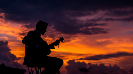 Silhouetted figure of a guitarist performing a solo against a bright sunset backdrop.
