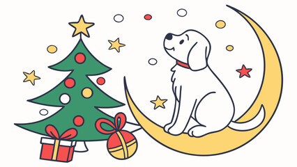 Whimsical Golden Retriever feeling Content in a Christmas setting with sitting on a moon – colored in Festive Cheer