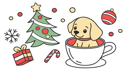 Creative SVG: Bashful Golden Retriever with in a teacup in a Festive Cheer colored Christmas theme