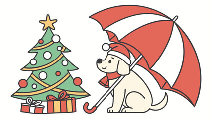 Cute Bashful Golden Retriever, accessorized with under an umbrella, in a Christmas world – Festive Cheer palette vector