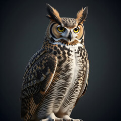 A Great Horned Owl is captured in a detailed, full-body portrait, standing with its feathered ear tufts up and intense yellow eyes staring directly ahead. Generative AI.