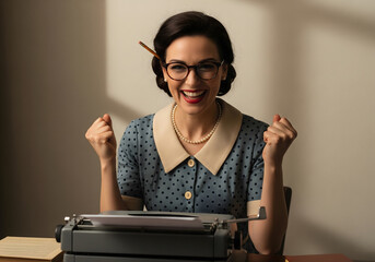 Female dressed in 1950s attire with a polka-dot dress and a pearl necklace sits at a desk with an old typewriter, pumping her fists in the air in a moment of joyful success. Generative AI.