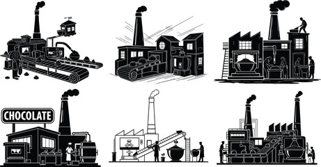Fototapeta premium Chocolate factory, cocoa production, candy plant, sweet industry, dessert manufacturing, confectionery building