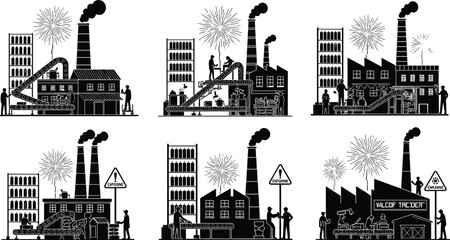 Obraz premium Industrial factory explosion hazard scene, workplace accident safety illustration, black and white vector, warning sign, emergency risk prevention, cad drawing flat vector illustration